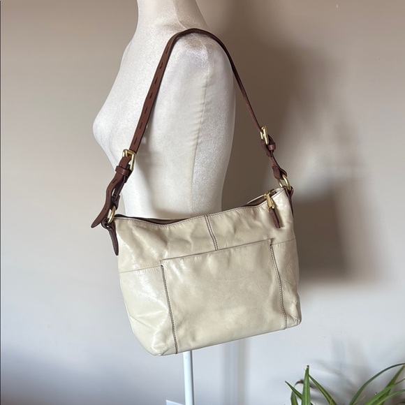 HOBO Cream/Brown Shoulder Bag with Adjustable Strap summer gold hardware GUC - Picture 1 of 14